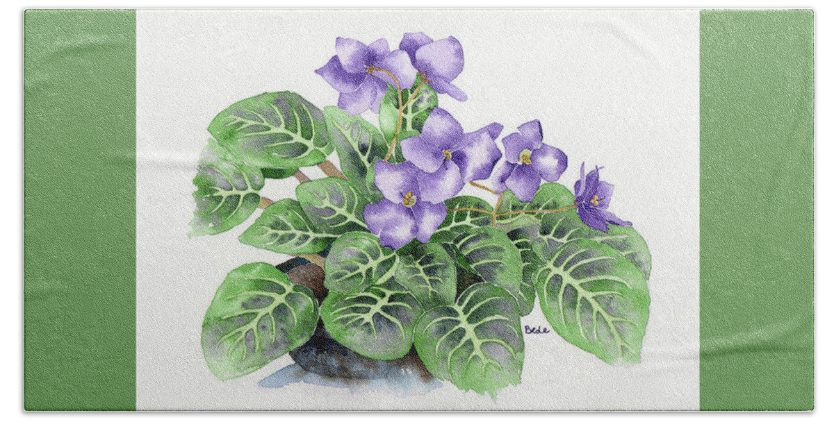 Africanviolet Purple Flower Green Watercolor Hand Towel featuring the painting Oh Yeah by Catherine Bede