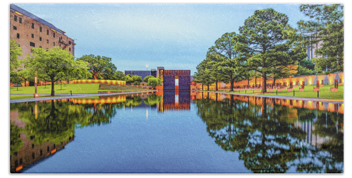 America Hand Towel featuring the photograph OKC Memorial Reflections - Dawn Panorama by Gregory Ballos
