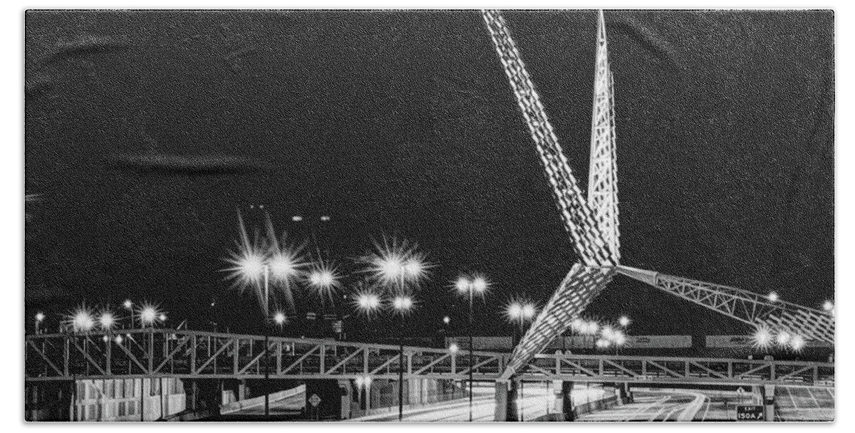 Skydance Bridge Hand Towel featuring the photograph OKC Skydance Bridge Over I-40 - Black and White by Gregory Ballos