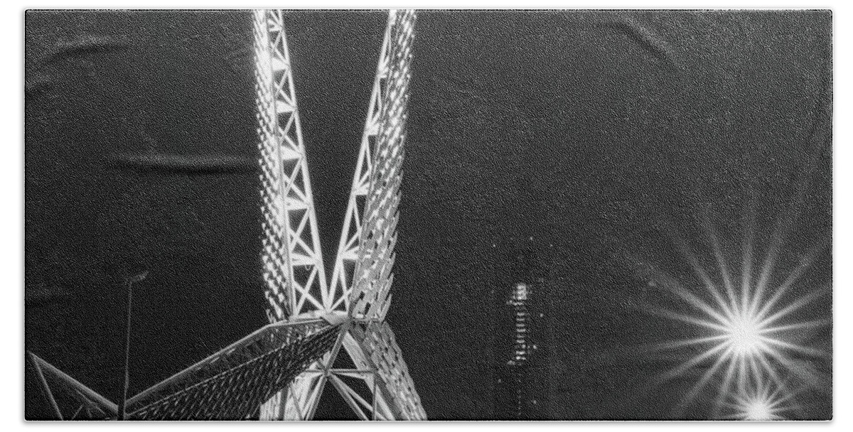 America Hand Towel featuring the photograph OKC Skyline and Scissortail Bridge in Black and White 1x1 by Gregory Ballos