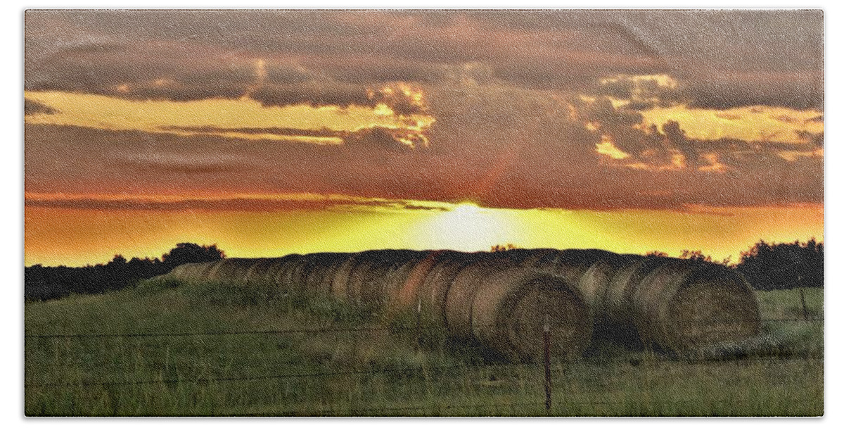 Nature Bath Towel featuring the photograph Oklahoma Sunset Over Hay Bales by Sheila Brown