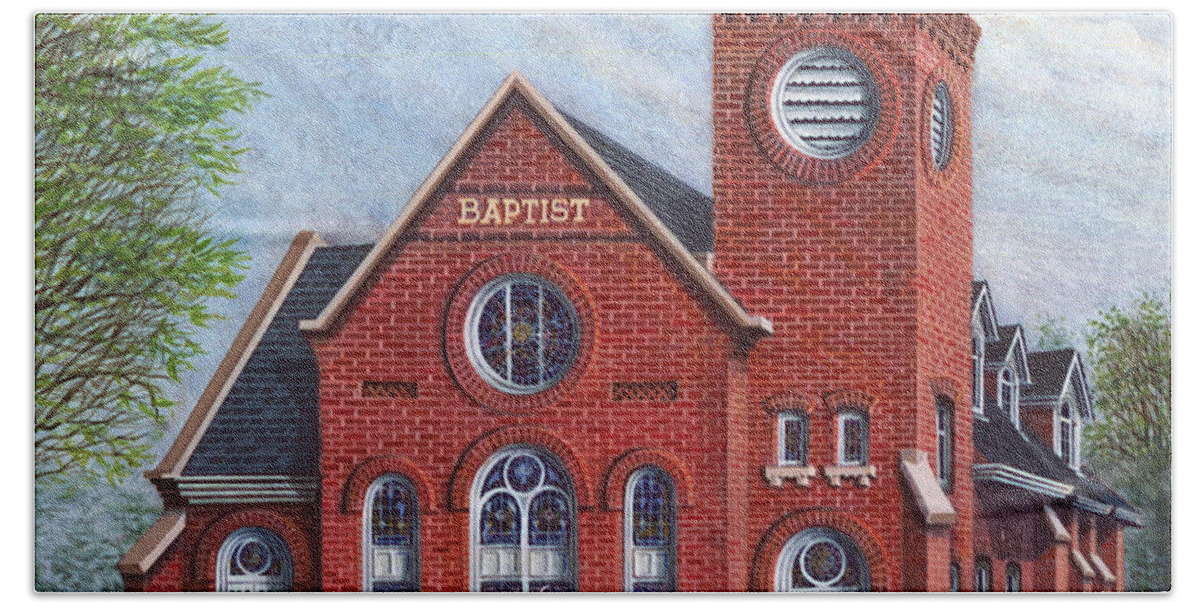 Architectural Landscape Hand Towel featuring the painting Old 1895 Sanctuary First Baptist Church by George Lightfoot