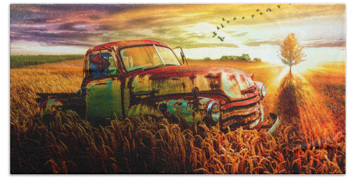 1947 Bath Towel featuring the photograph Old Chevy Truck in the Sunset by Debra and Dave Vanderlaan