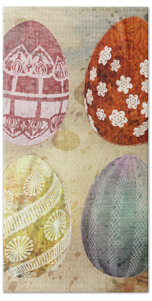 Easter Bath Towel featuring the mixed media Old Fashioned Easter Eggs by Moira Law