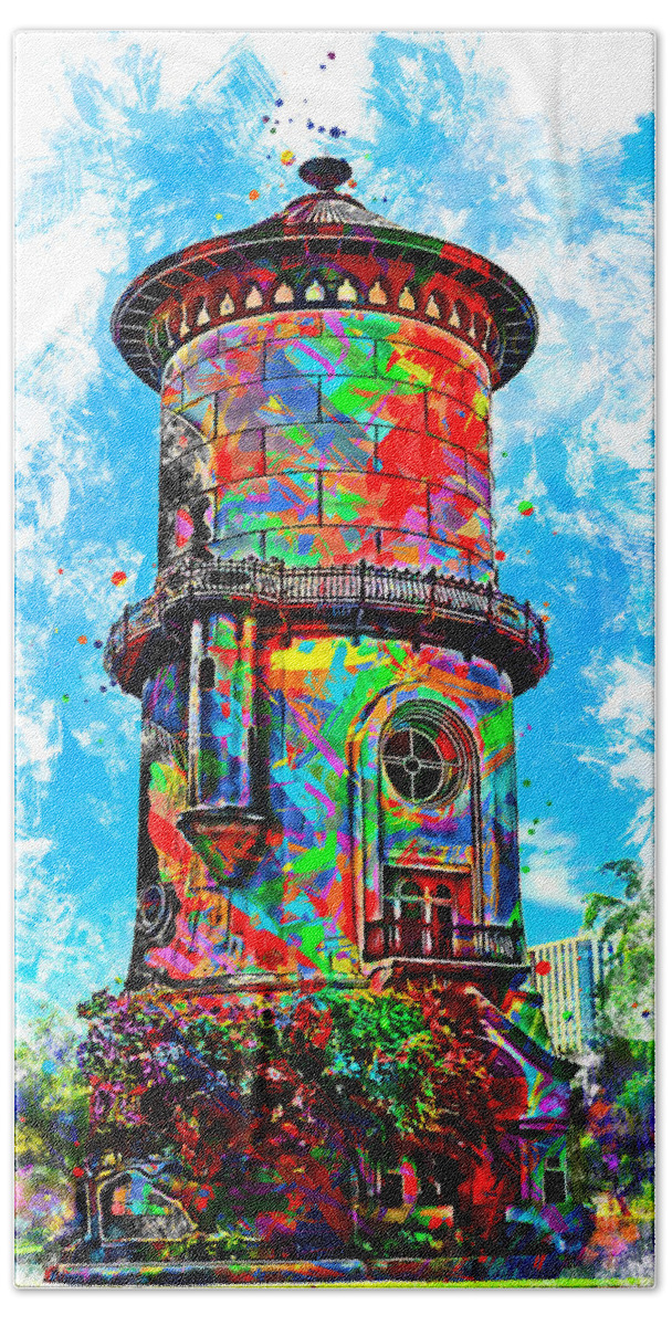 Old Water Tower Bath Towel featuring the digital art Old Fresno Water Tower - colorful painting by Nicko Prints