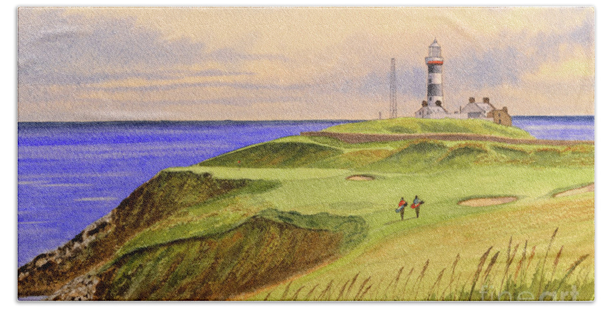 Old Head Golf Course Hand Towel featuring the painting Old Head Golf Course Ireland Hole 4 by Bill Holkham