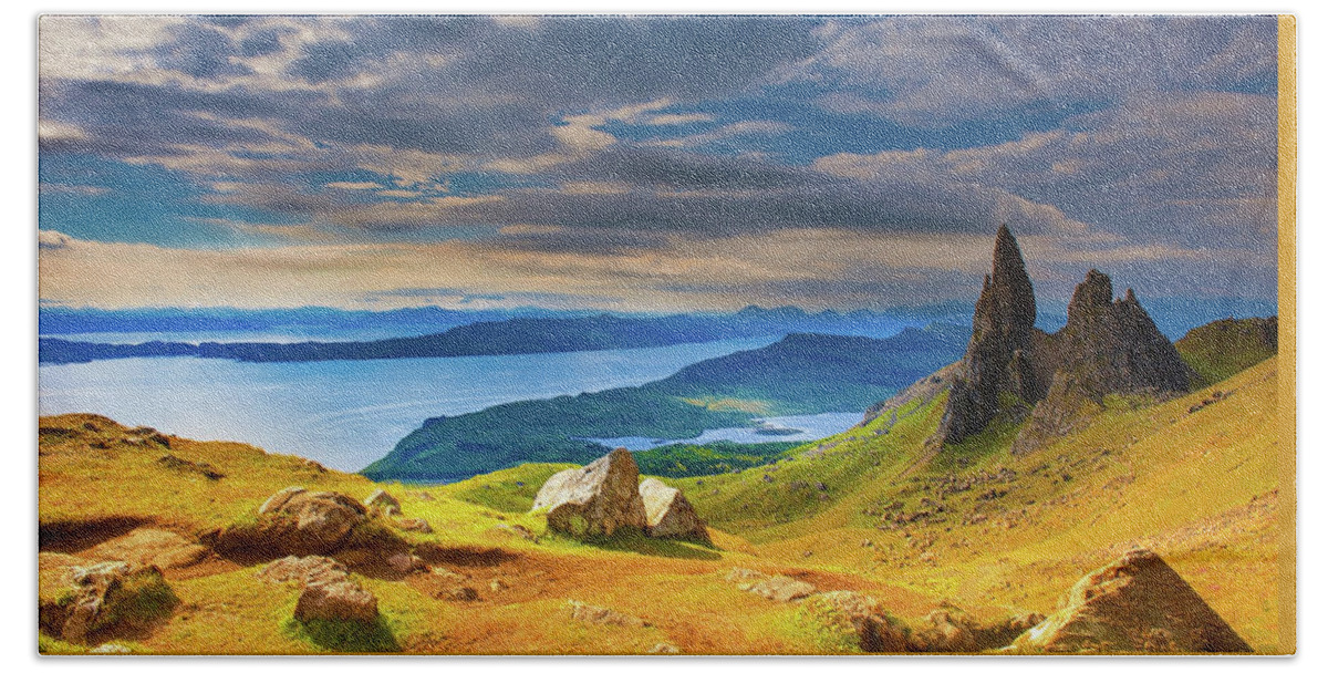 The Isle Of Skye The Isle Of Skye Hand Towel featuring the digital art Old Man of Storr by Remigiusz MARCZAK