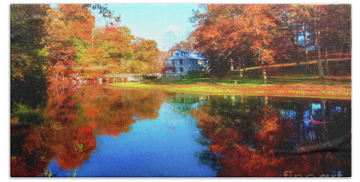 Old Mill House Pond In Autumn Fine Art Photograph Print With Vibrant Fall Colors Hand Towel featuring the photograph Old Mill House Pond in Autumn Fine Art Photograph Print with Vibrant Fall Colors by Jerry Cowart