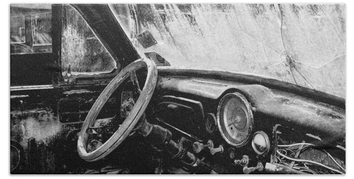 Junkyard Hand Towel featuring the photograph Old Morris Pickup Interior BW by Cathy Anderson