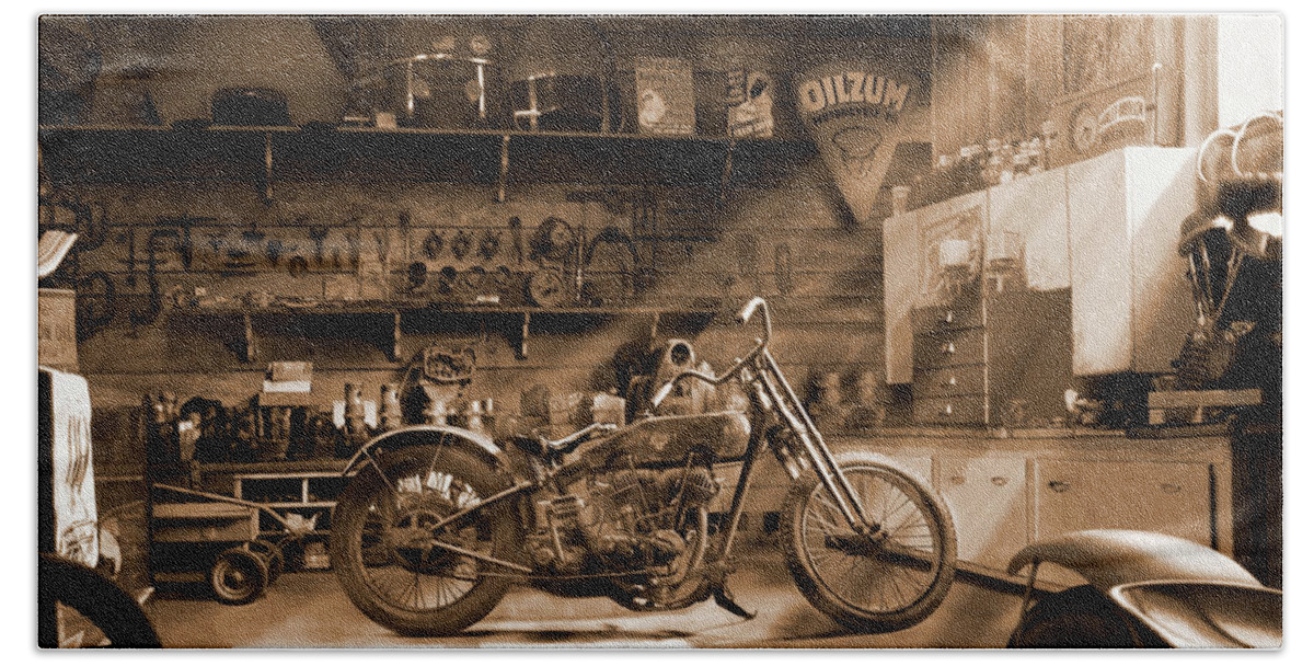 Motorcycle Bath Sheet featuring the photograph Old Motorcycle Shop by Mike McGlothlen