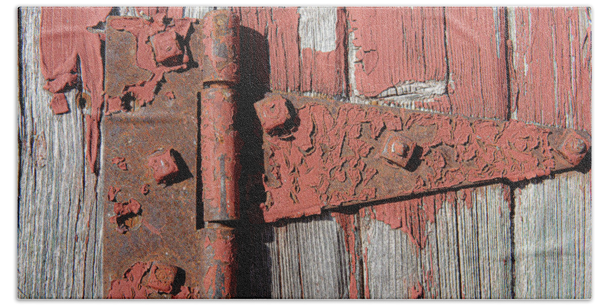 Old Red Door Hinge Antique Peeling Paint Wood Hand Towel featuring the photograph Old Red Door Hinge by David Morehead