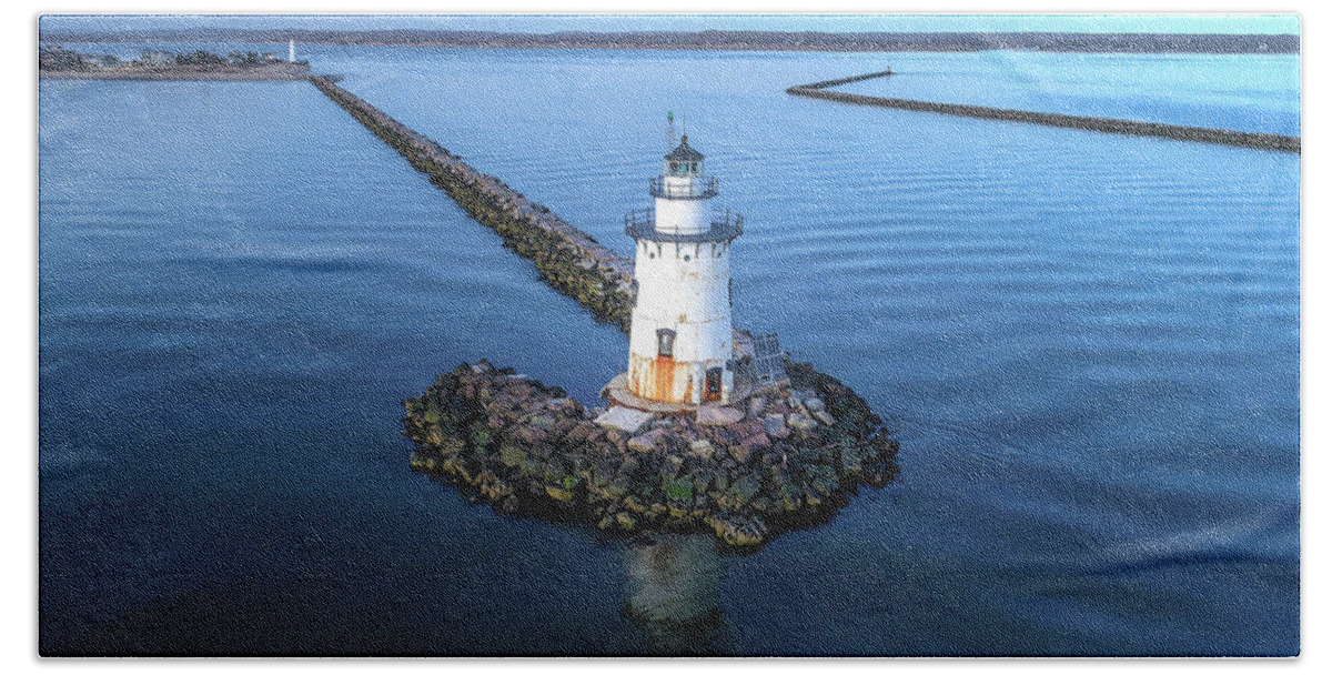 Old Saybrook Hand Towel featuring the photograph Old Saybrook Outer Lighthouse #1 by Veterans Aerial Media LLC