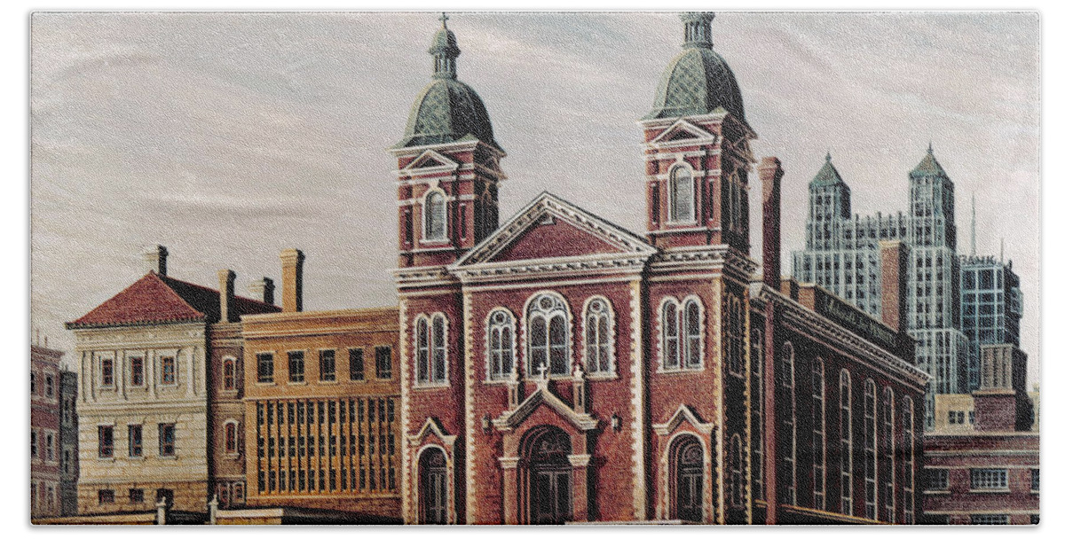 Architectural Landscape Bath Towel featuring the painting Old St.Patrick's Church - 1876 - KC, MO by George Lightfoot
