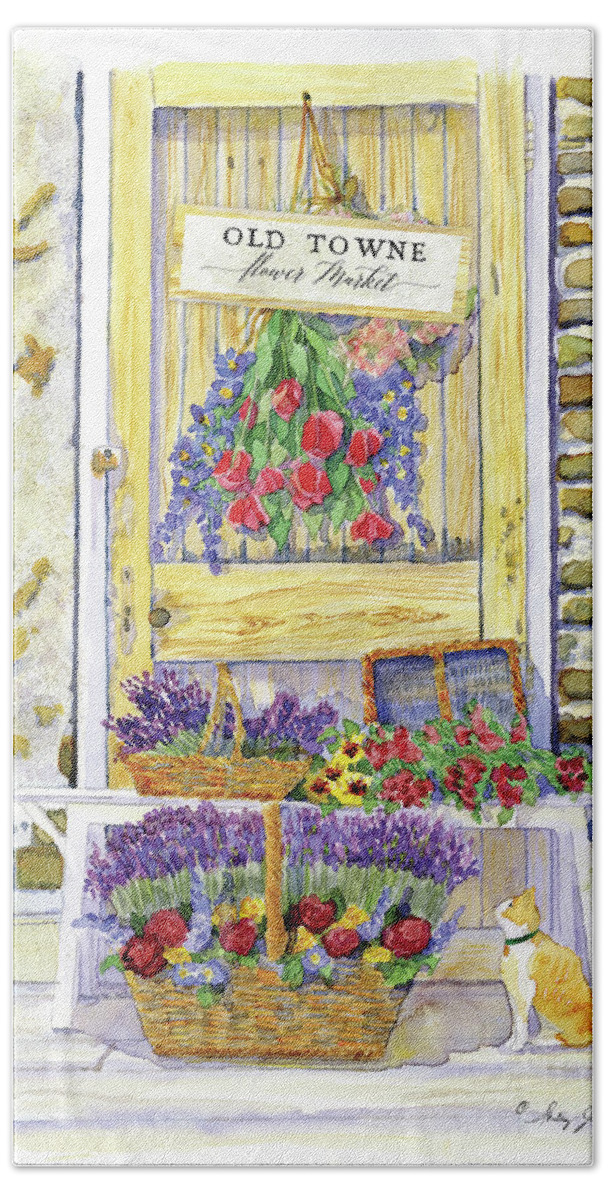Watercolor Bath Towel featuring the painting Old Towne Flower Market with Cat by Audrey Jeanne Roberts