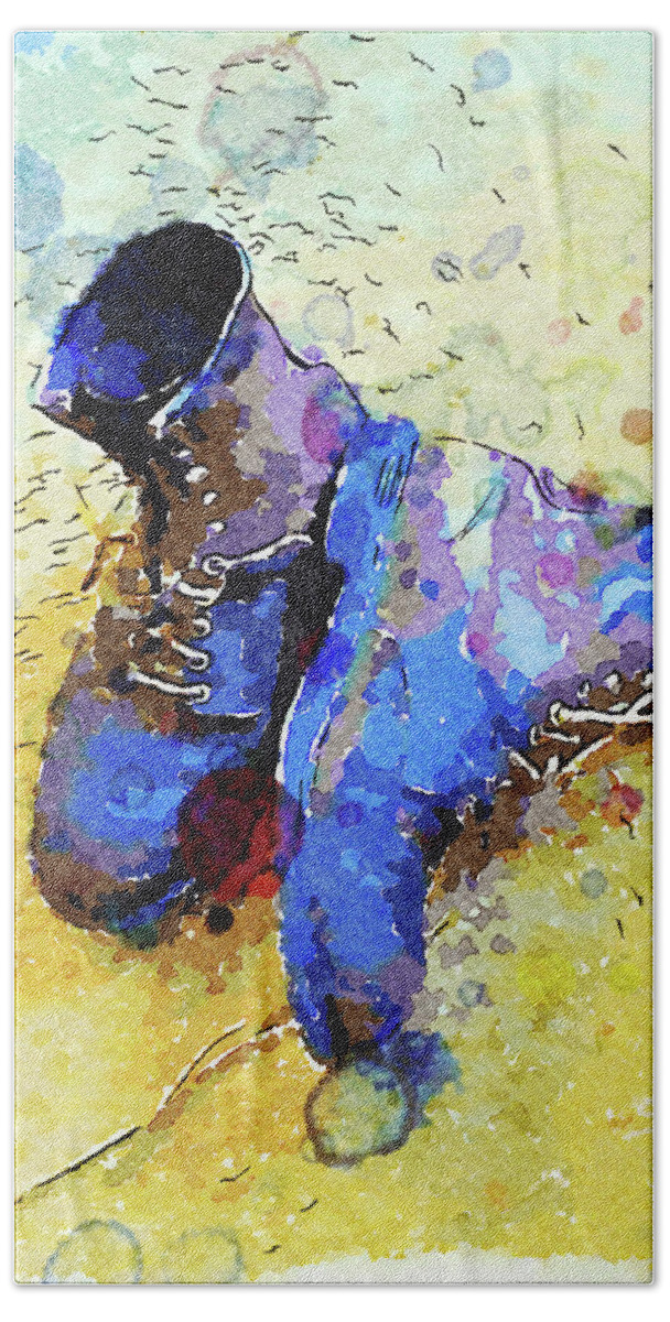 Boots Hand Towel featuring the mixed media Old Work Boots Watercolor Painting by Shelli Fitzpatrick