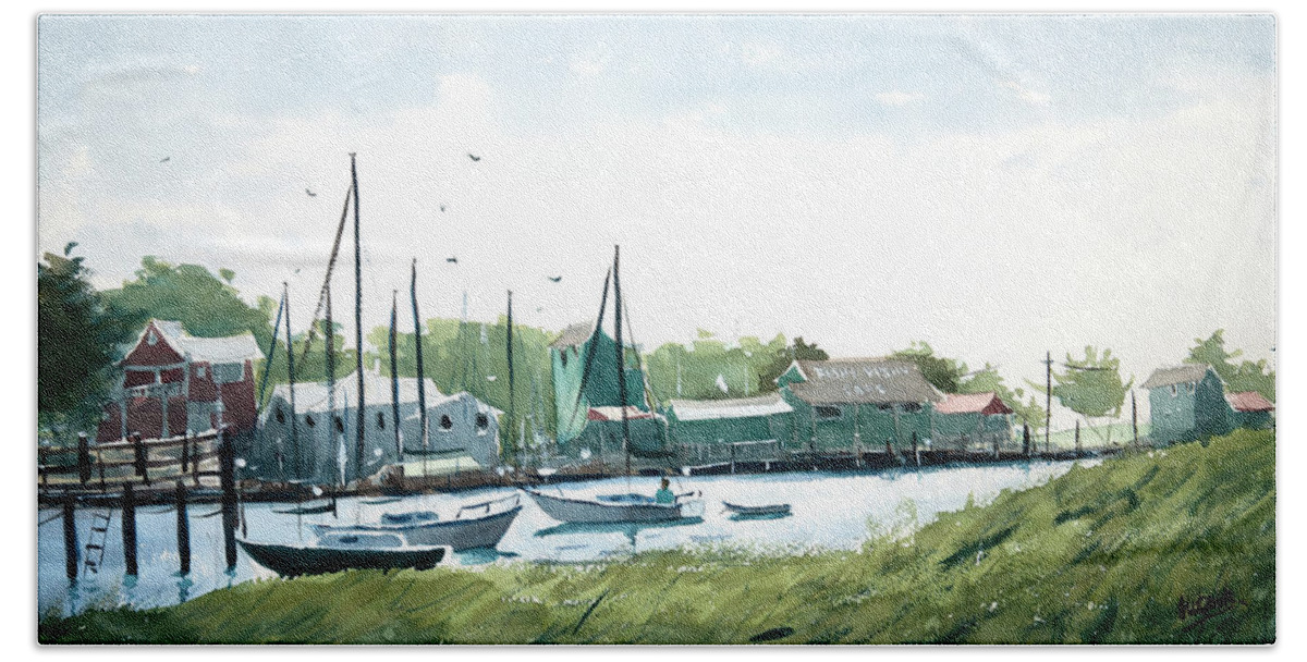 Old Yacht Basin Hand Towel featuring the painting Old Yacht Basin by Tesh Parekh