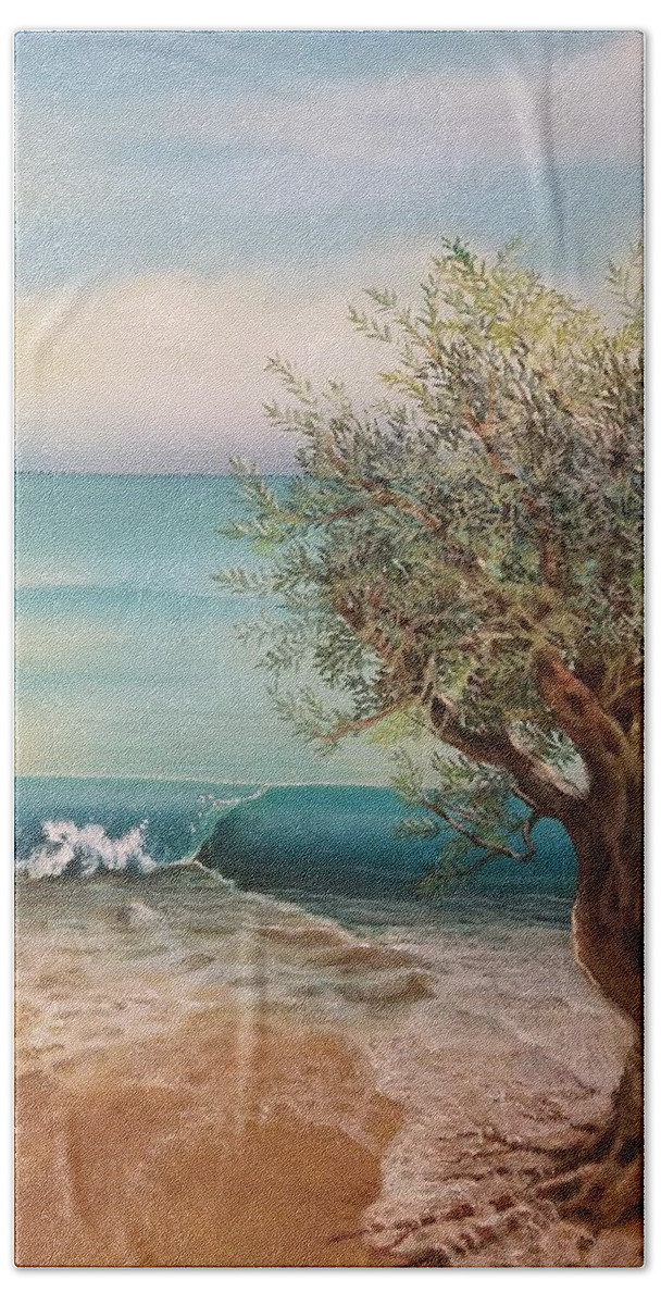 Seascape Oil Olive Tree Sky Blue Canvas Water Bath Towel featuring the painting Olive and Sea 3 by Caroline Philp