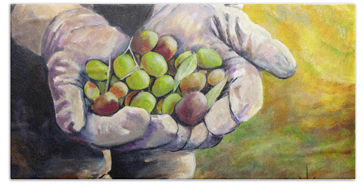 Olive Bath Towel featuring the painting Olives by Jodie Marie Anne Richardson Traugott     aka jm-ART