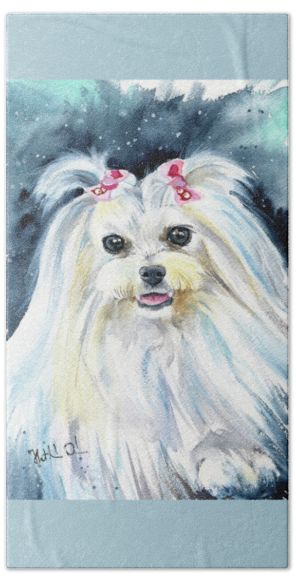 Maltese Bath Towel featuring the painting Olivia Maltese Dog Painting by Dora Hathazi Mendes
