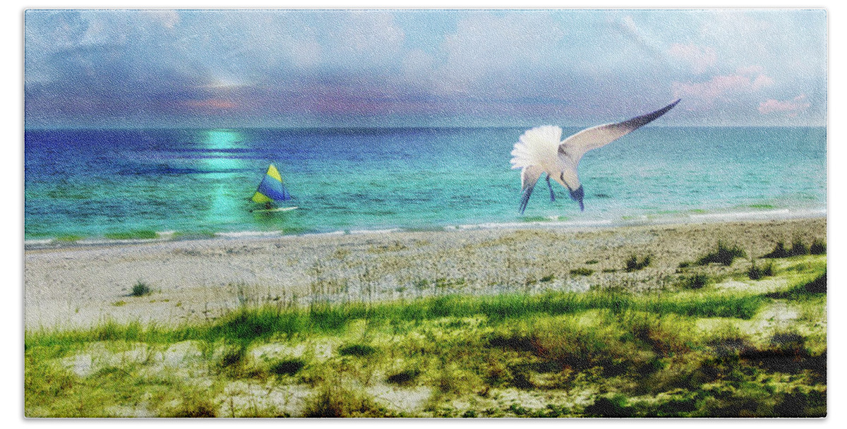 Beach Bath Towel featuring the digital art On Canvas Wings I Fly by Rhonda Strickland