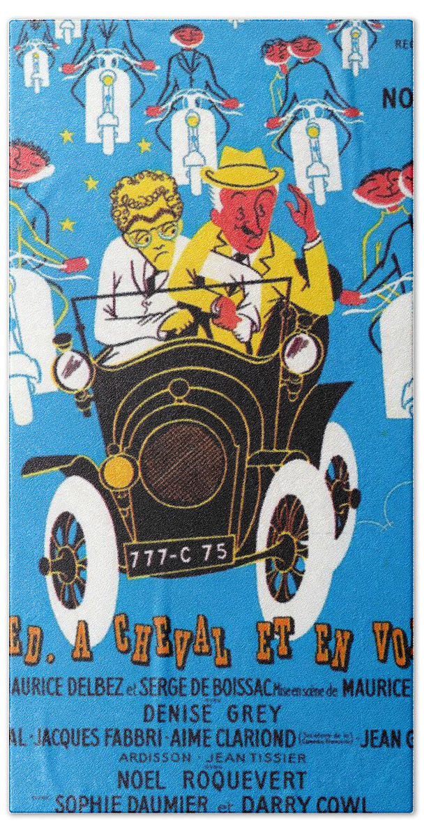 Mara Hand Towel featuring the mixed media ''On foot, on horse, and on wheels'', 1957 by Movie World Posters