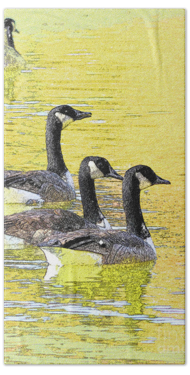 Canadian Geese Bath Towel featuring the photograph On Golden Pond by Mafalda Cento