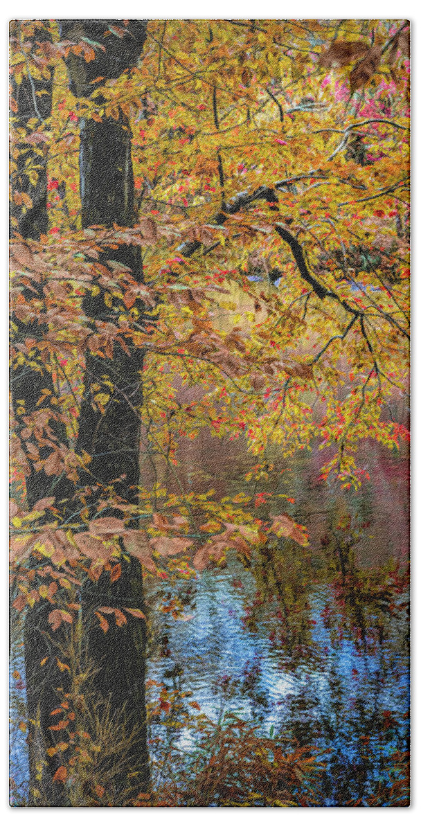 Fall Bath Towel featuring the photograph On the Edge of the Fall River by Debra and Dave Vanderlaan