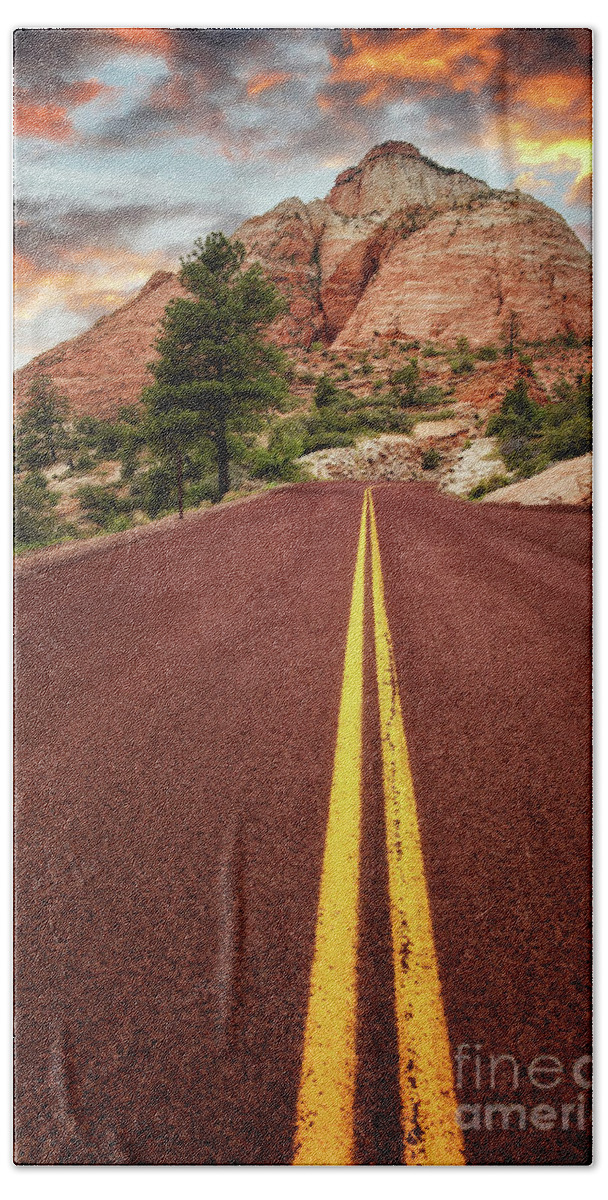 Road Bath Towel featuring the photograph On the road in Zion at sunset, Utah, USA by Jane Rix