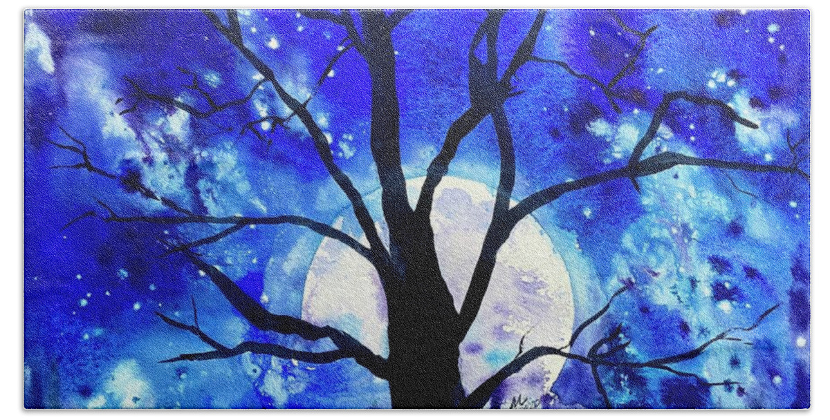 Full Moon Bath Towel featuring the painting Once in a Blue Moon by Michal Madison