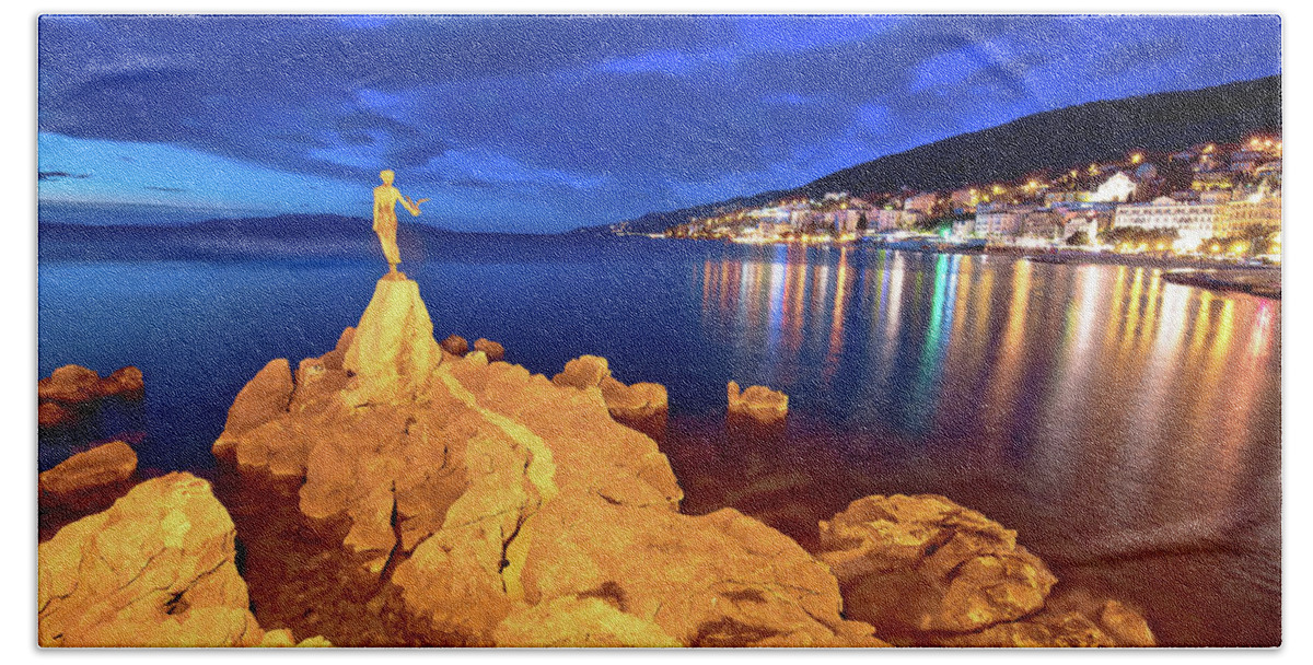 Opatija Bath Towel featuring the photograph Opatija bay statue and waterfront at sunset view by Brch Photography