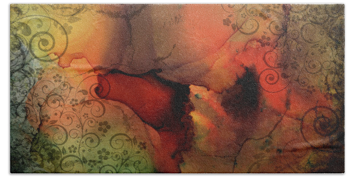 Abstract Bath Towel featuring the mixed media Orange Abstract 60 by Lucie Dumas