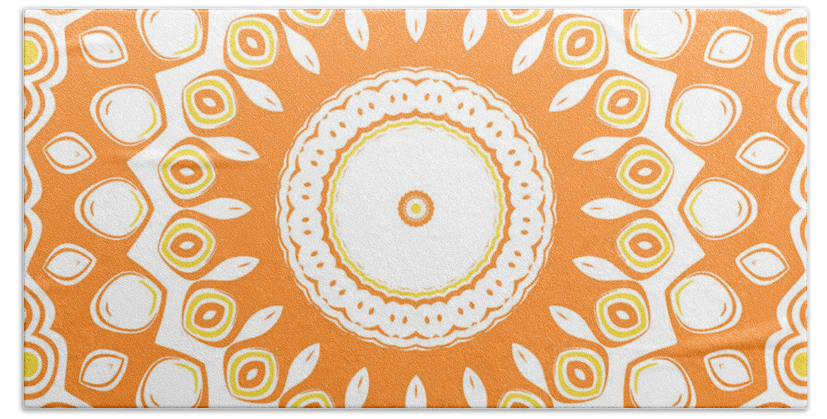 Orange Bath Towel featuring the digital art Orange and Yellow Mandala Kaleidoscope Medallion Flower by Mercury McCutcheon