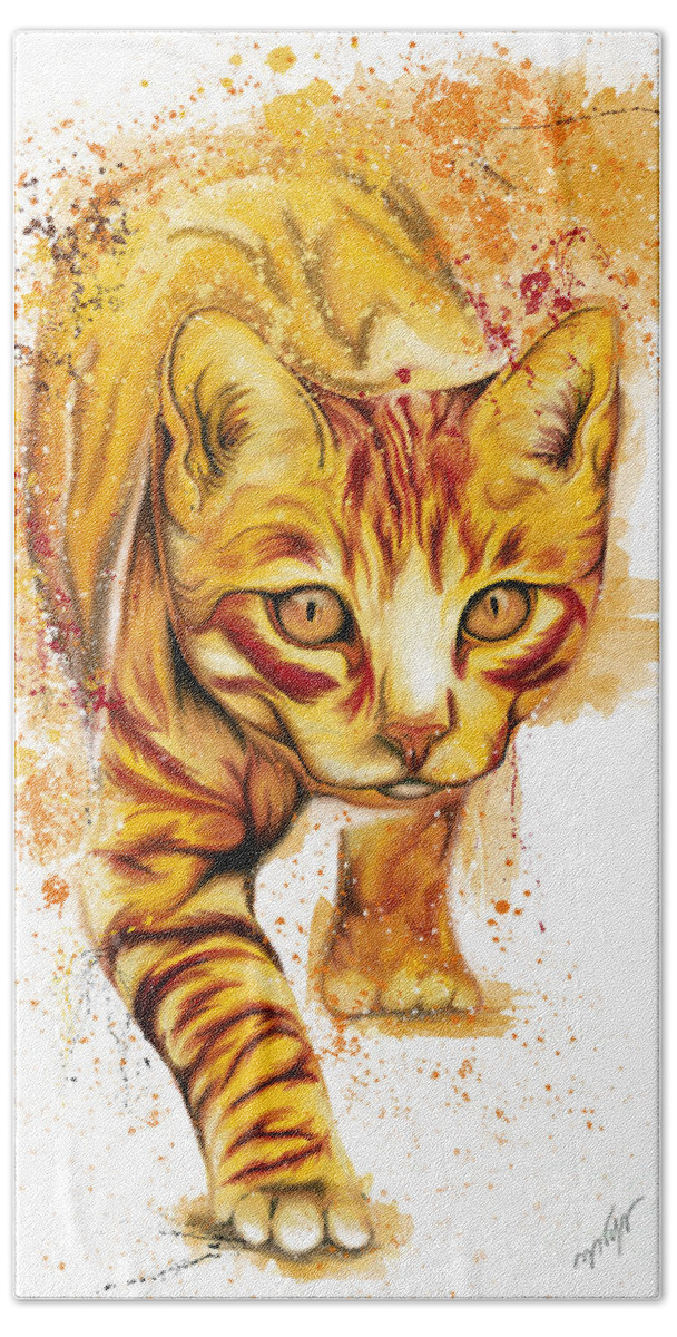 Orange Cat Hand Towel featuring the painting Orange chasing cat splatter painting, watercolor cat, by Nadia CHEVREL