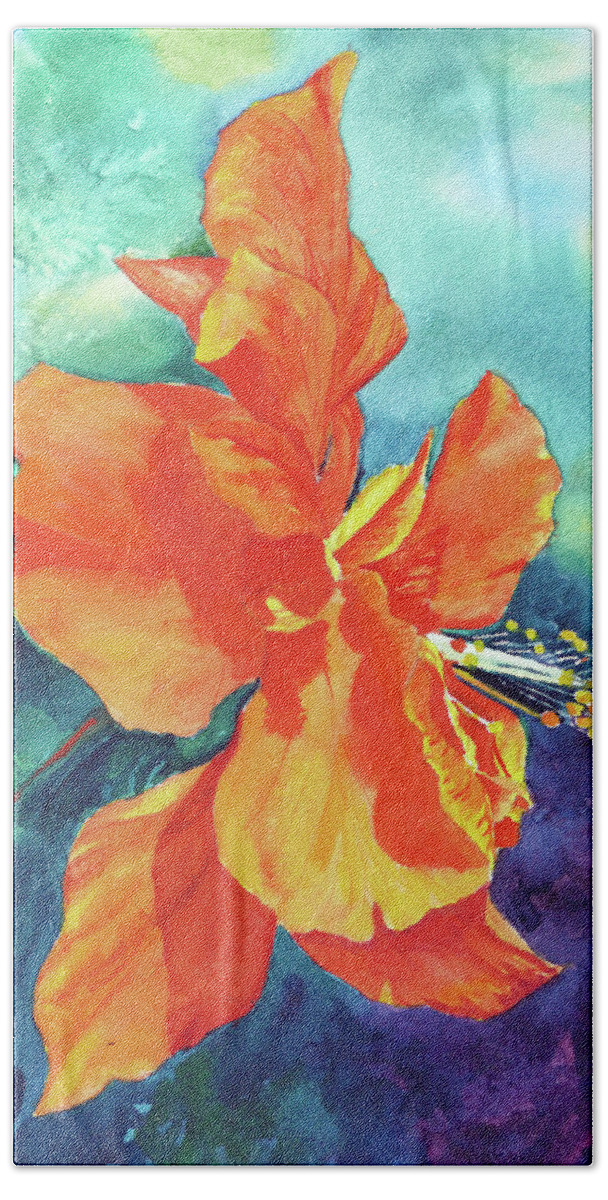 Hibiscus Hand Towel featuring the painting Orange Hibiscus by Karen Mattson