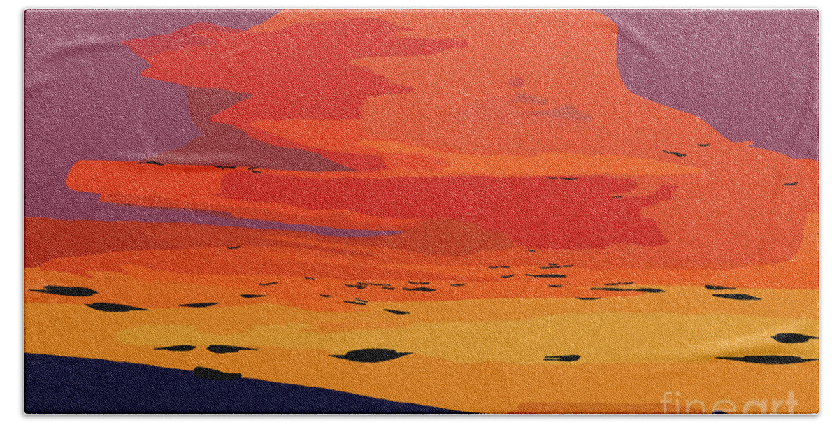 Abstract-sunset Bath Towel featuring the digital art Orange Hillside Sunset by Kirt Tisdale
