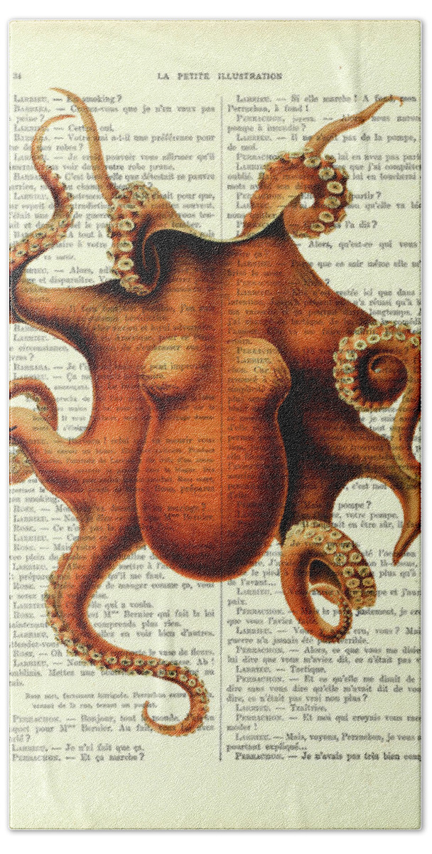Octopus Hand Towel featuring the mixed media Orange Octopus by Madame Memento