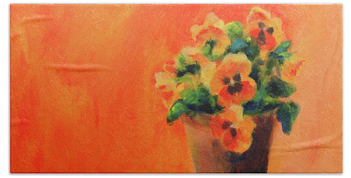 Pansy Bath Towel featuring the painting Orange pansies by Karen Kaspar