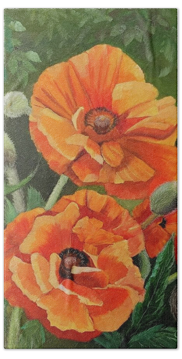 Orange Poppies Hand Towel featuring the painting Orange Poppies by Connie Rish