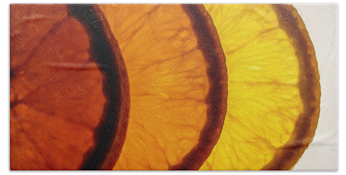 Orange Bath Towel featuring the photograph Orange slices macro by Sven Brogren