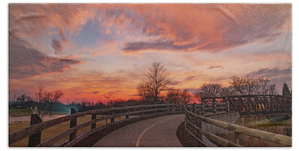 Orange Skies Bath Towel featuring the photograph Orange Sunset Delight Over The Arkansas Razorback Regional Greenway by Gregory Ballos
