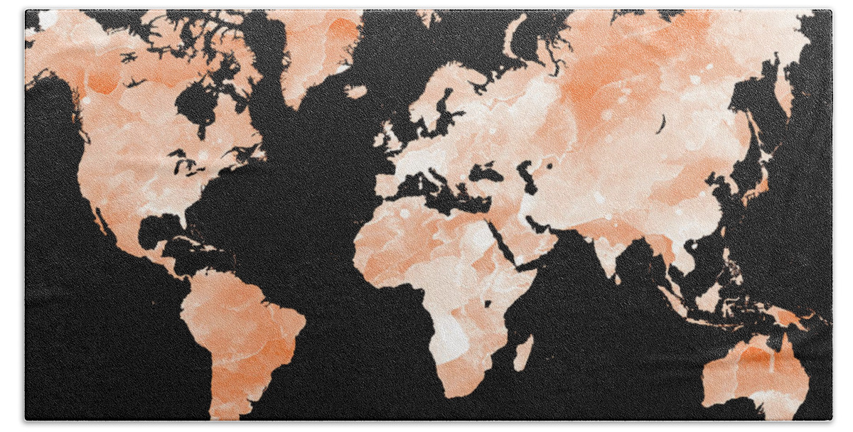 World Map Bath Towel featuring the mixed media Orange World Map Design 229 by Lucie Dumas