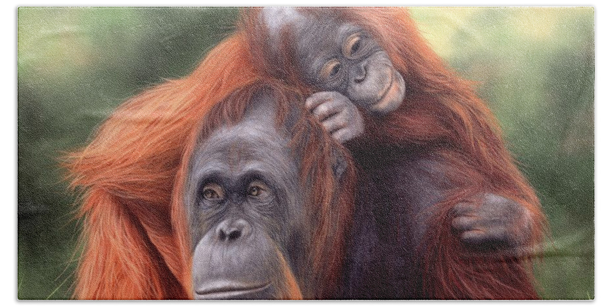 Orangutans Bath Towel featuring the painting Orangutans Painting by Rachel Stribbling