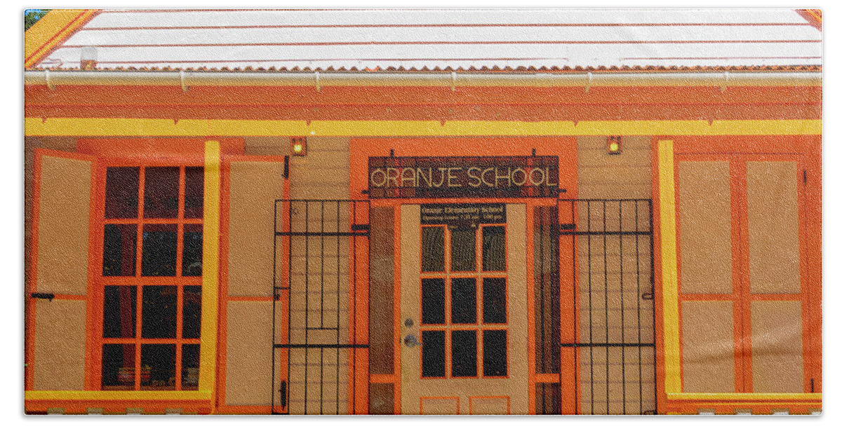 Color; School; Building; Oldest Bath Towel featuring the photograph Oranje School in Saint Maarten by AE Jones