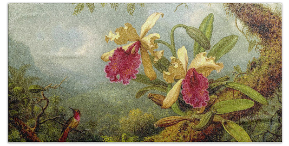 Martin Johnson Headetrochilidae Bath Towel featuring the painting Orchids and Hummingbird 4 by Martin Johnson Heade