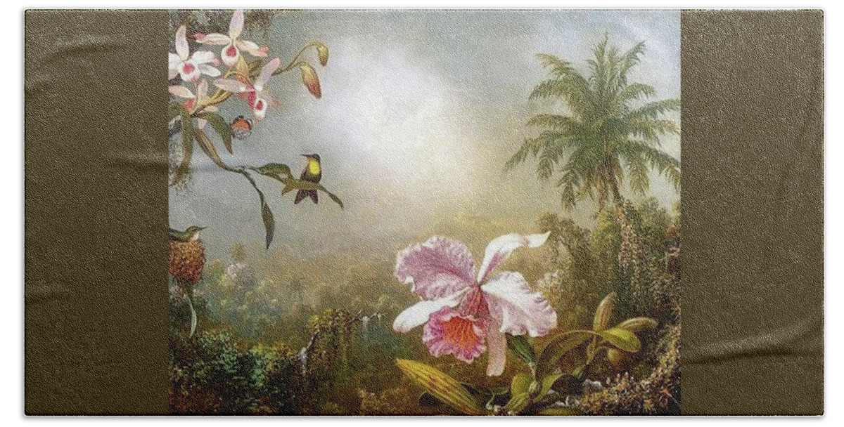 Martin Johnson Heade Hand Towel featuring the painting Orchids Nesting Hummingbirds And A Butterfly by Martin Johnson Heade