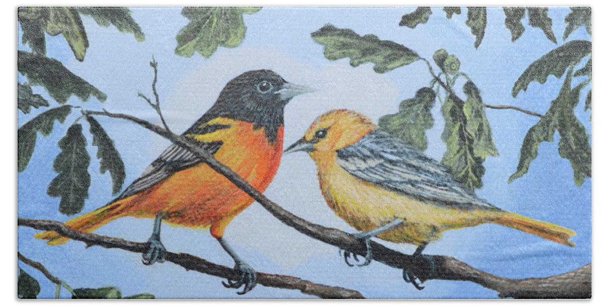 Birds Hand Towel featuring the painting Oriole Birds on White Oak Tree by Aicy Karbstein