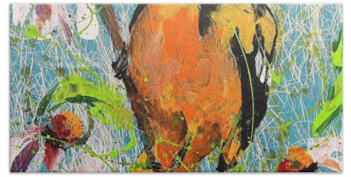 Birds Bath Towel featuring the painting Oriole by Elaine Elliott