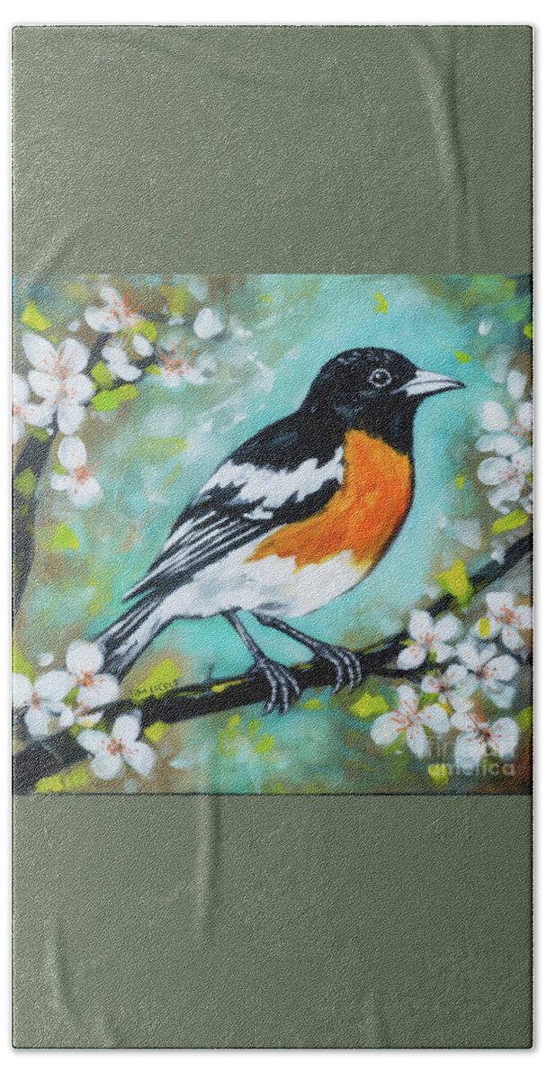 Balitmore Oriole Hand Towel featuring the painting Oriole In The Blossoms by Tina LeCour