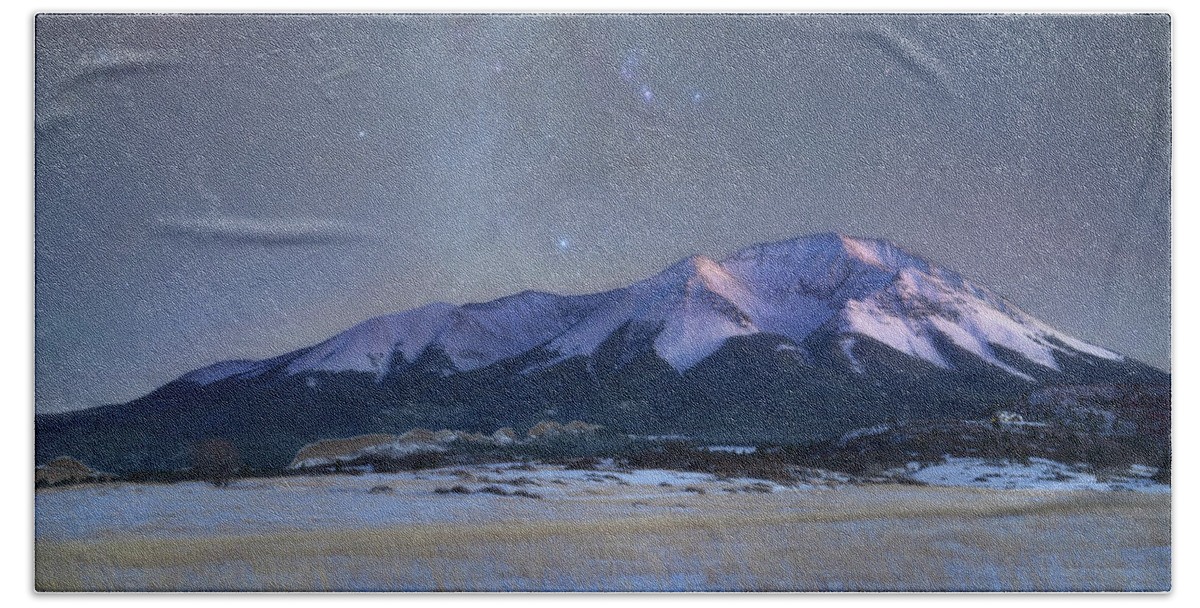Colorado Bath Towel featuring the photograph Orion over West Spanish Peak by Darren White