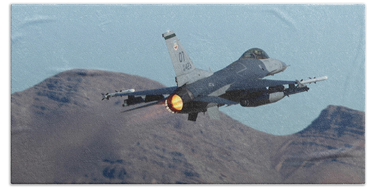 Falcon Bath Towel featuring the photograph OT F-16 88-0423 departing 21L at Nellis AFB by Custom Aviation Art